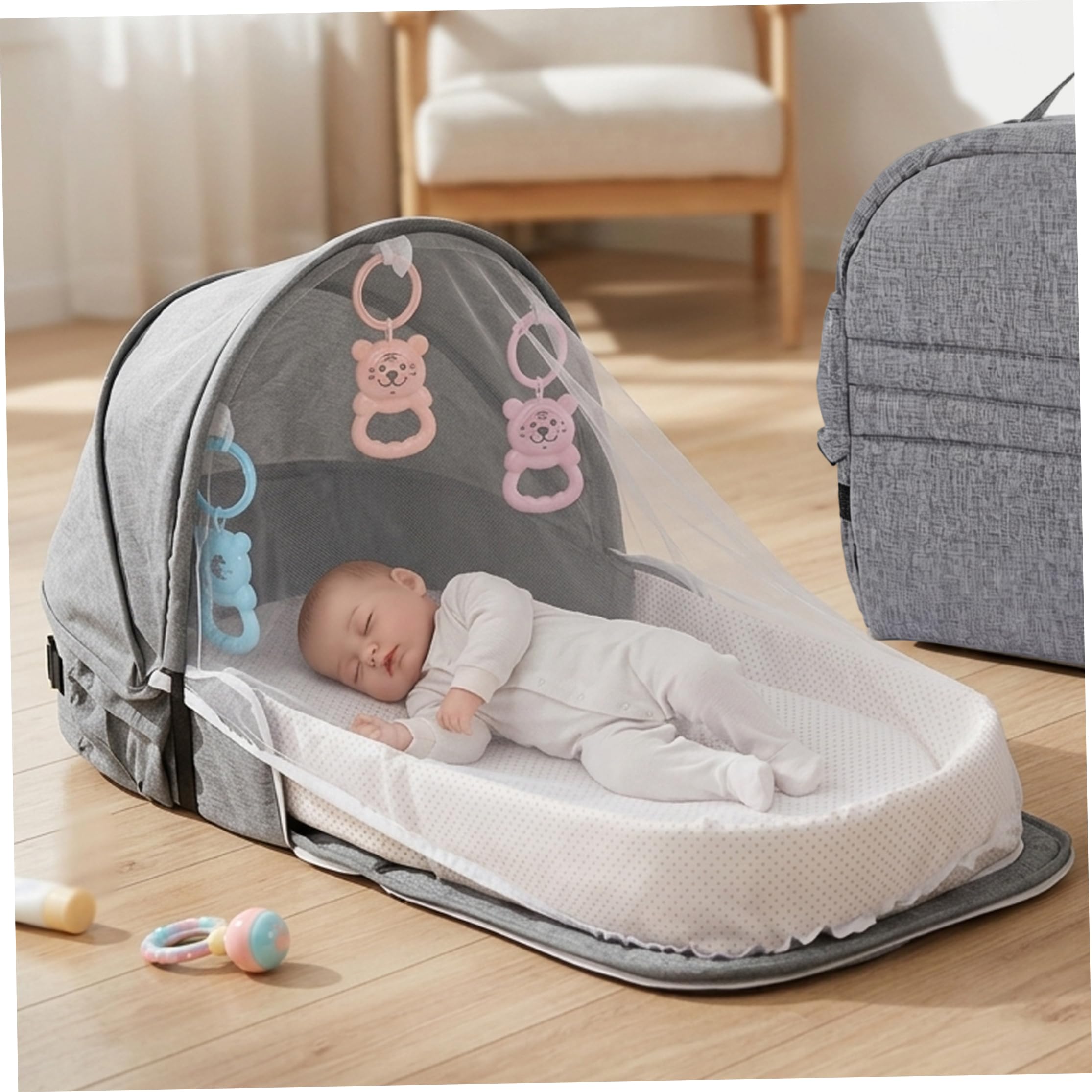 Couffin de lit pour bébé, couffin de voyage, portable et pliable pour voyage – Style sac à dos gris avec filet, pare-soleil et support à jouets amovible, lit co-couchette pour un usage quotidien