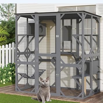 Large Outdoor Cat Enclosure, 70 Inch Window Access Catio for Cats Outdoor Patio with Waterproof Asphalt Roof, 4 Platforms, 2 Resting Box and Bridge Grey
