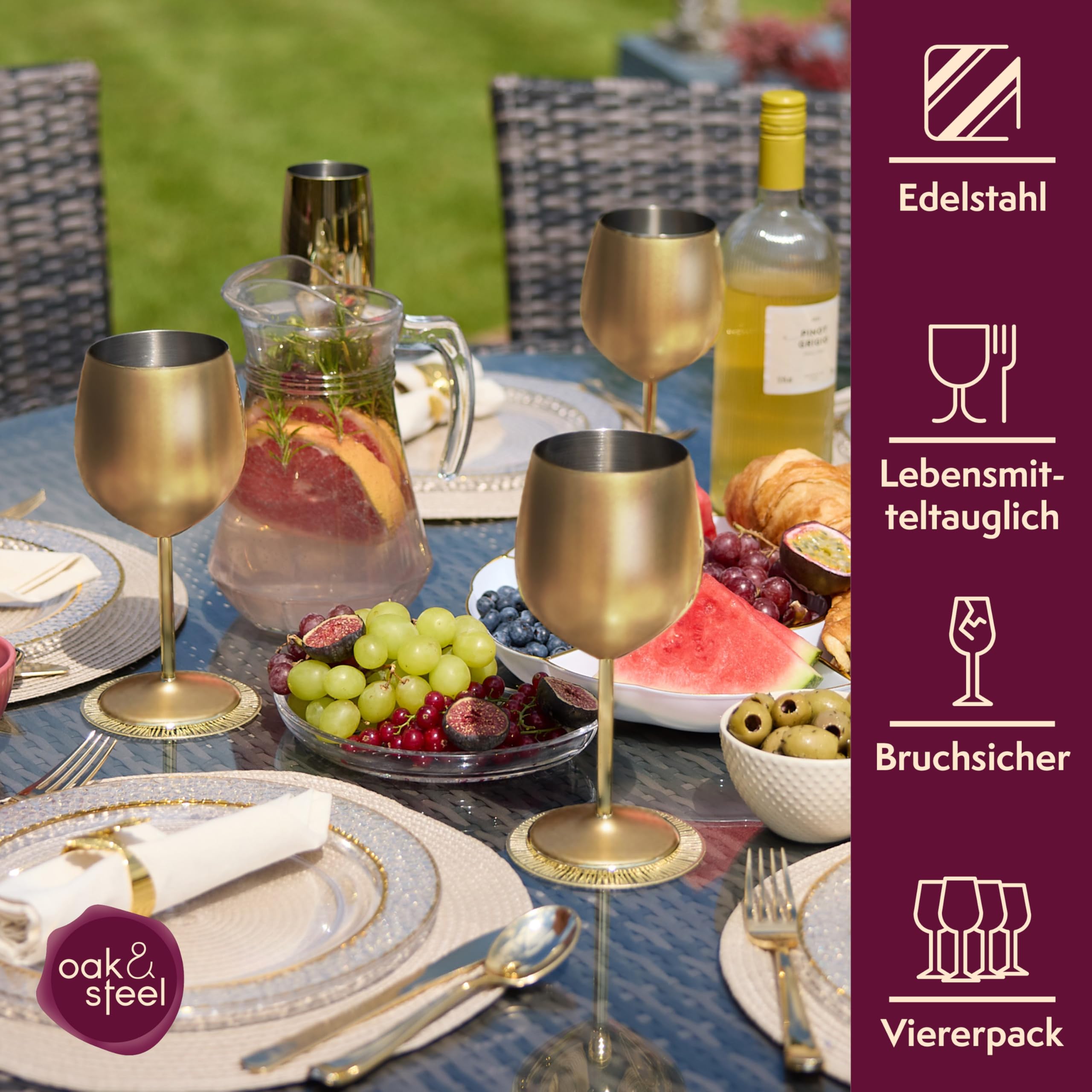 Oak & Steel - 4 Edelstahl Weingläser (540ml) - Gold Matte - Robust & Unzerbrechlich - Geschenkset für Geburtstage, Hochzeiten & Weihnachten