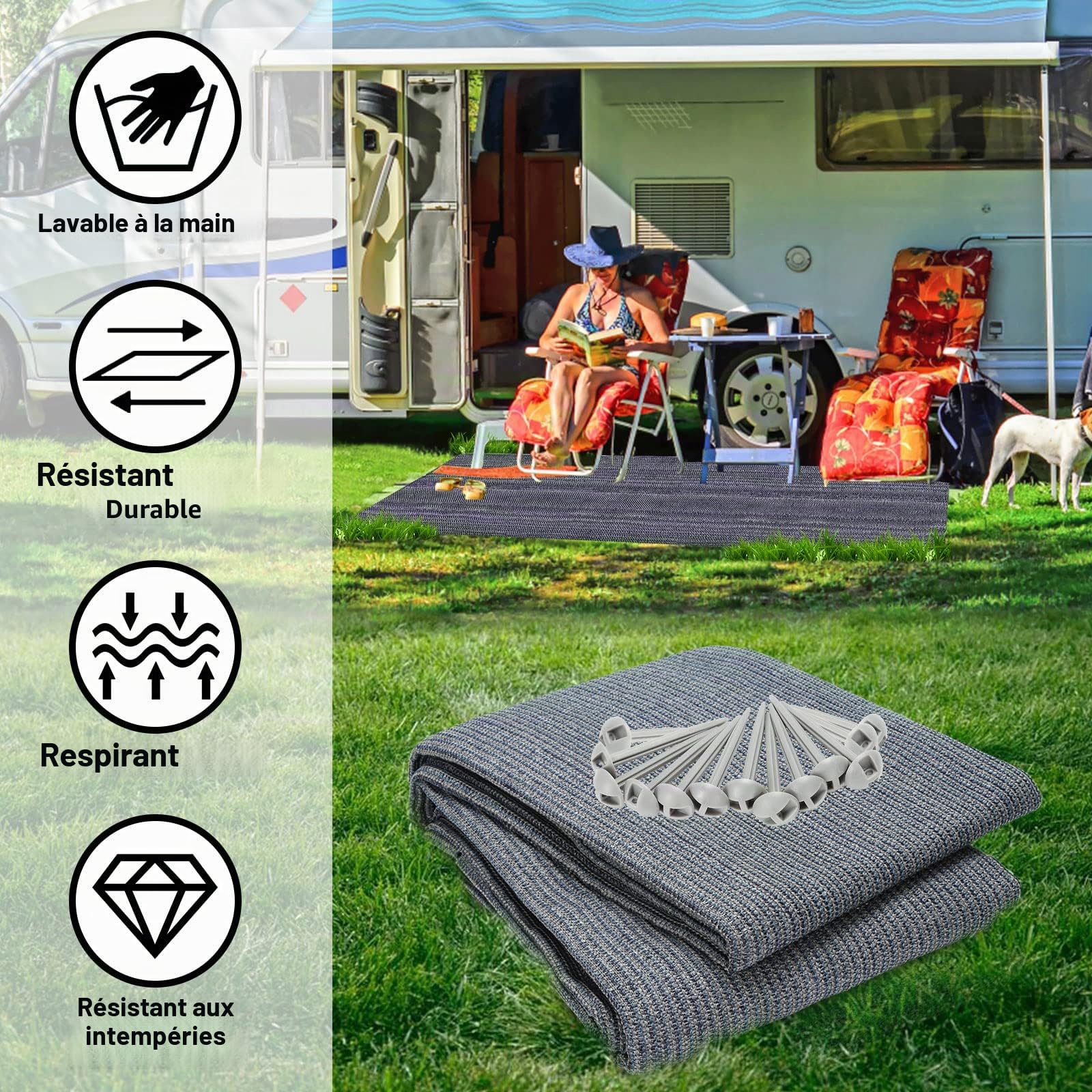 Tapis d'auvent Respirant Antidérapant Lavable pour Camping avec Piquets et Sac de Transport