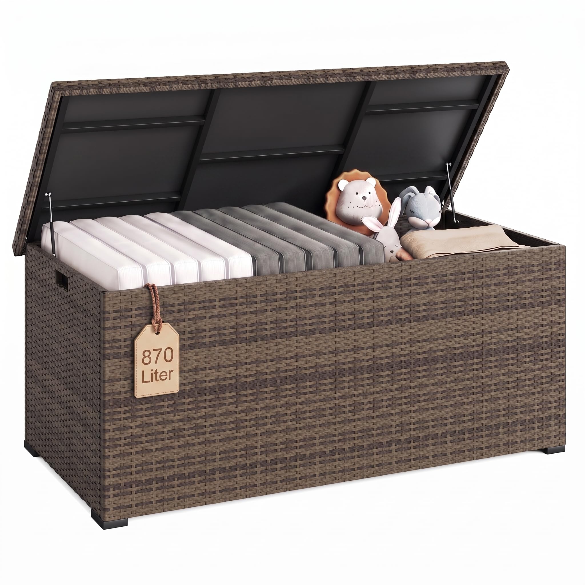 UDPATIO Gartenbox Wasserdicht 870L, Aufbewahrungsbox Garten XXXL, Auflagenbox Wetterfest, Kissenbox Outdoor mit Deckel, Gasdruckfedern | Braun