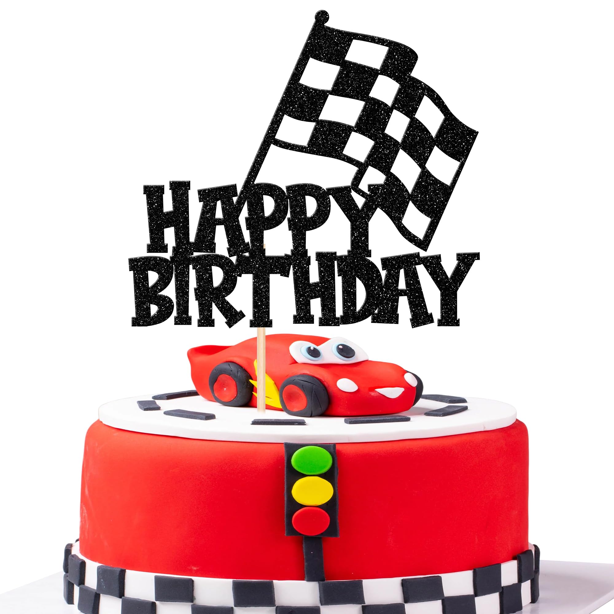 Gyufise "Two Fast" Birthday Cake Topper - Black Glitter Checkered Flag Racing Theme For 2nd Birthday