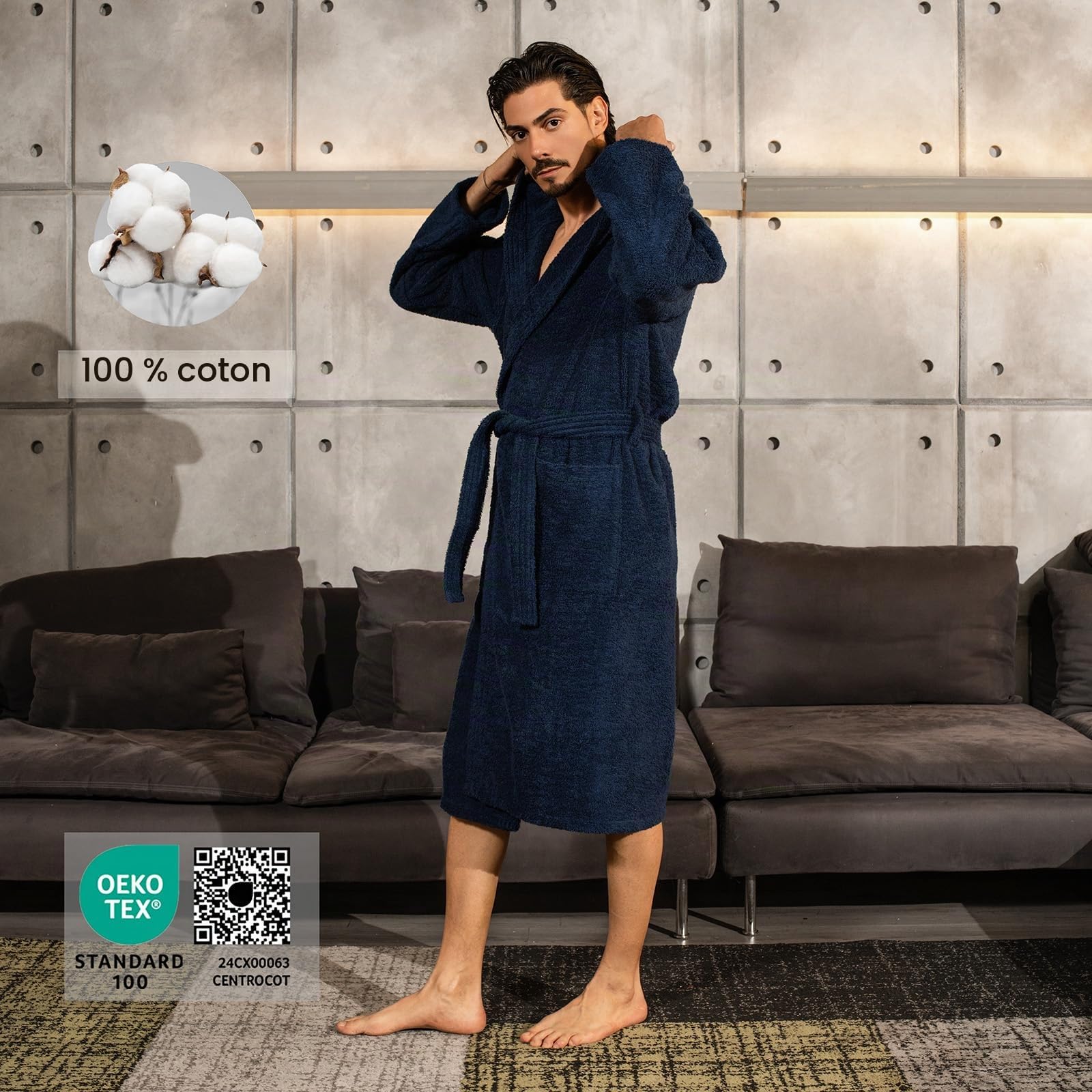 Peignoir unisexe pour femme/homme avec capuche - en éponge de coton 100% OEKO-TEX - doux, absorbant, Design italien