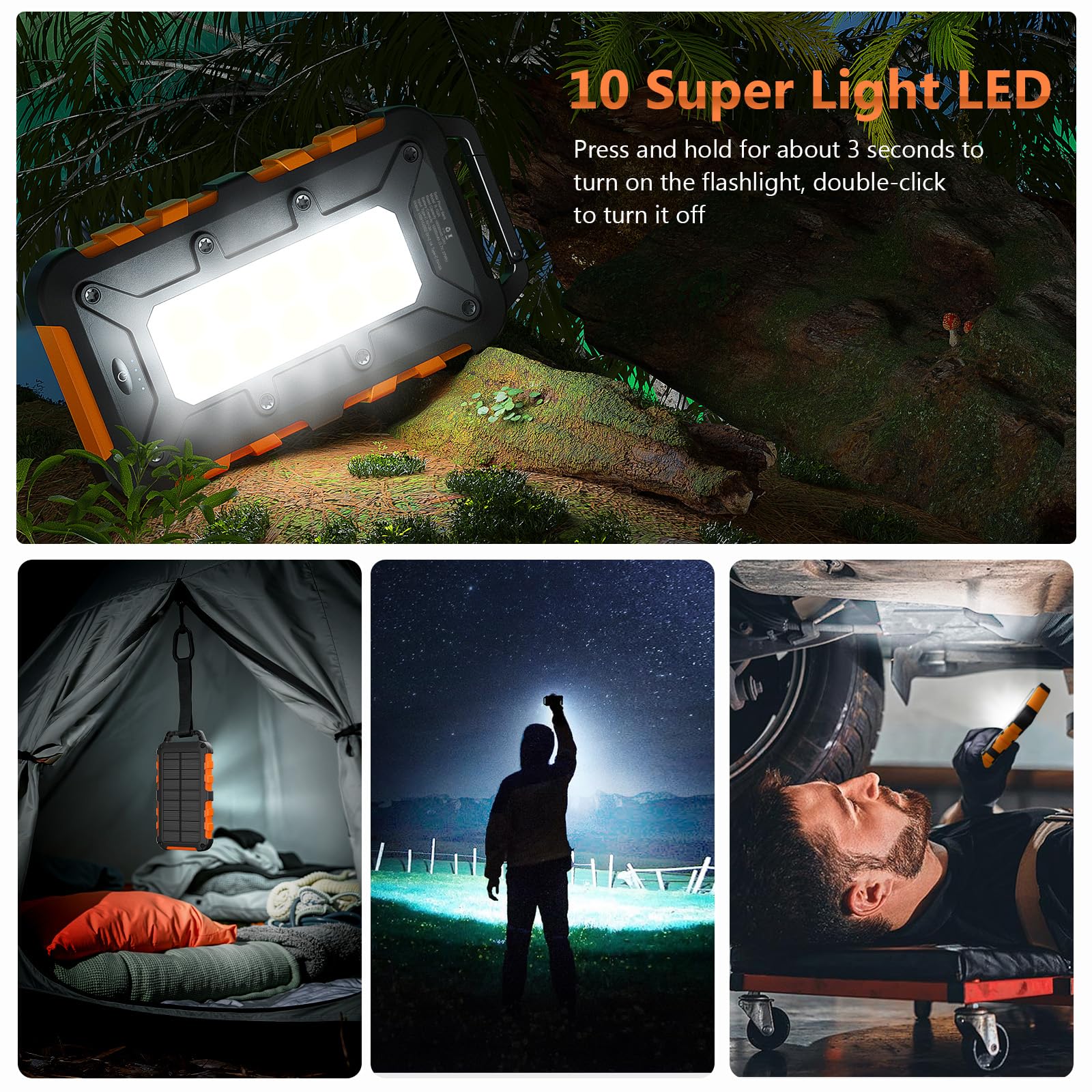 Power Bank Solare 10000mAh, PD15W Caricatore Solare Portatile USB C 3,0A Batteria Esterna 2 Uscite e 2 Ingresso con Luci LED Rapida per Smartphone, Tablet, Campeggio Ecc