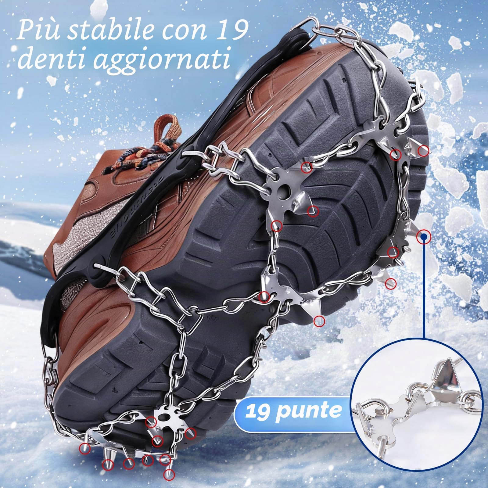 CNMTCCO Ramponi per scarpe da montagna, punte antiscivolo per scarpe e stivali, punte per scarpe da trekking con 19 punte in acciaio inox, trazione con antiscivolo per camminate, alpinismo