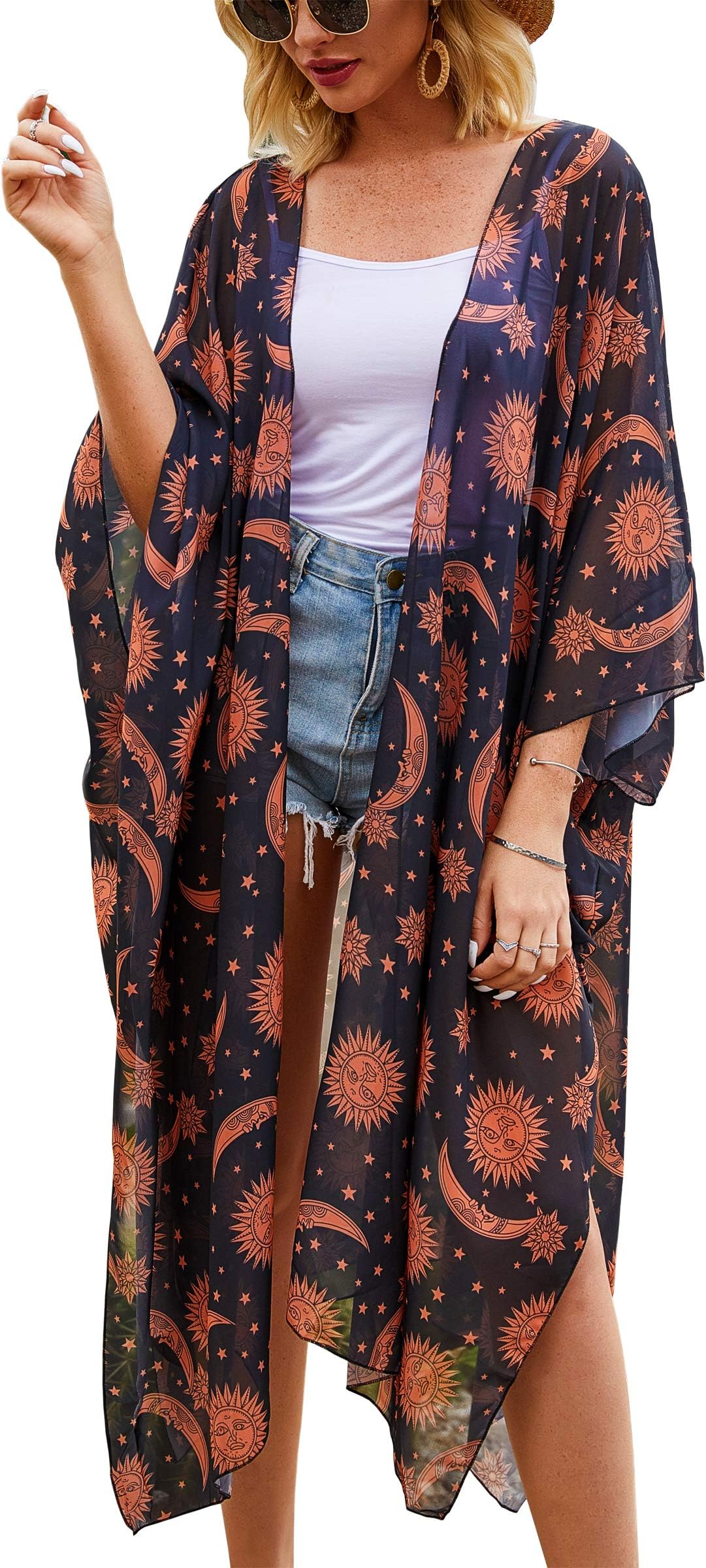 HiblucoWomen's Summer Chiffon Floral Kimono Cardigan Long Swimwear Cover Ups