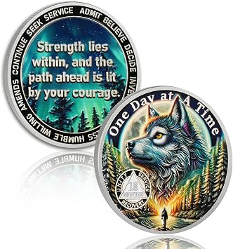 Brave Wolf 18 Months Sobriety Coin - One Day at a Time AA Coin, Alcohol Free a Year and a Half Recovery Chip with Token Capsule, Inspirational Sobriety Gifts for Men & Women