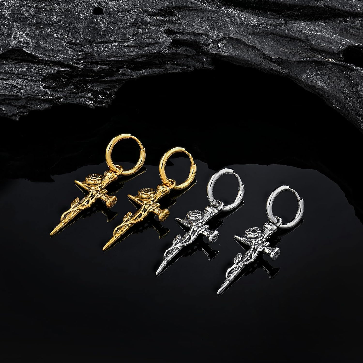 Rose Nails Cross Dangle Drop Earrings for Men or Women, Religious Christian Crucifix Stainless Steel Earrings
