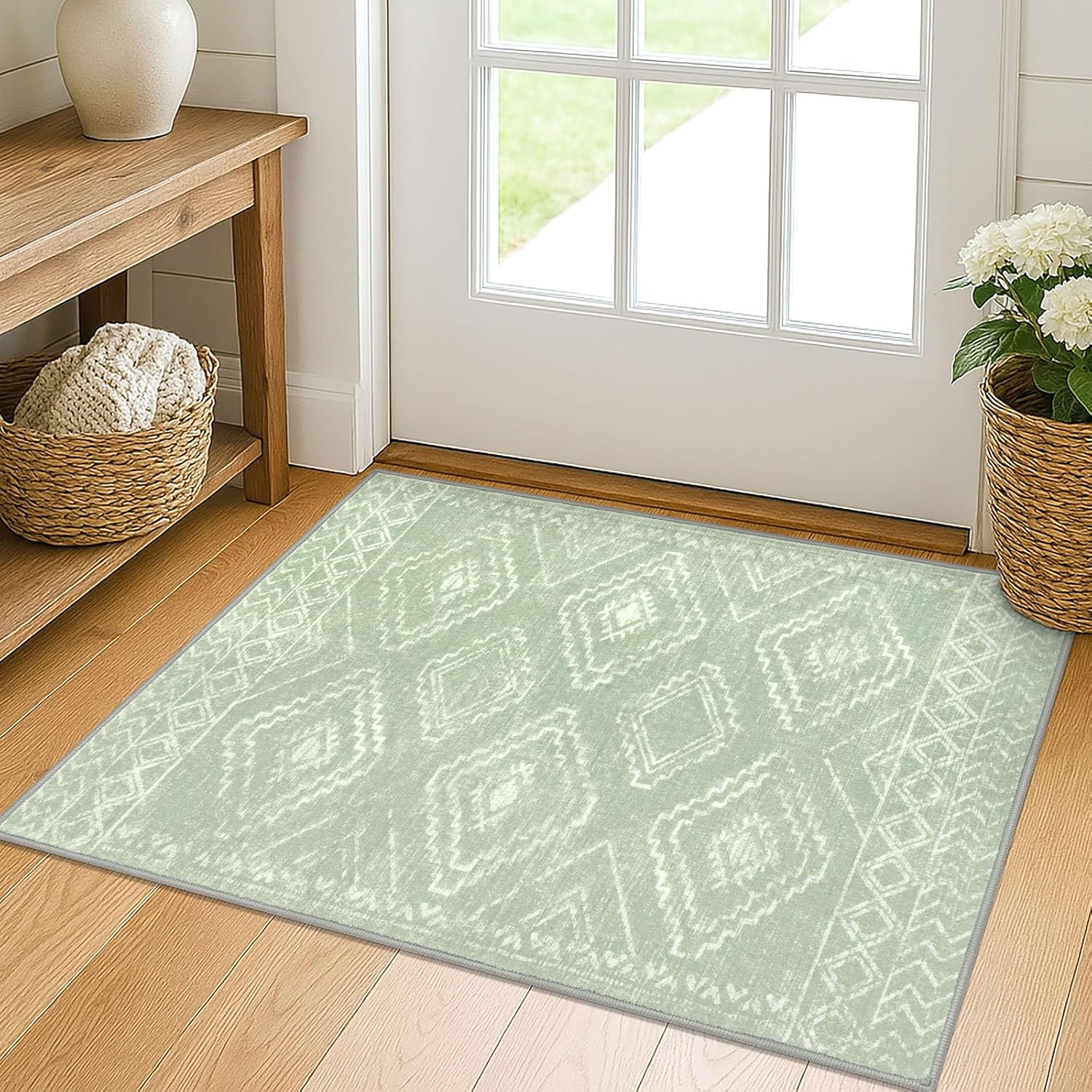 KILOCOCO Boho Entryway Rug 2x3 Printed Small Area Rug Indoor Door Mat Machine Washable Kitchen Rugs Super Soft Non Slip Throw Rugs for Bedroom Entrance Geometric Laundry Room, Grey Green