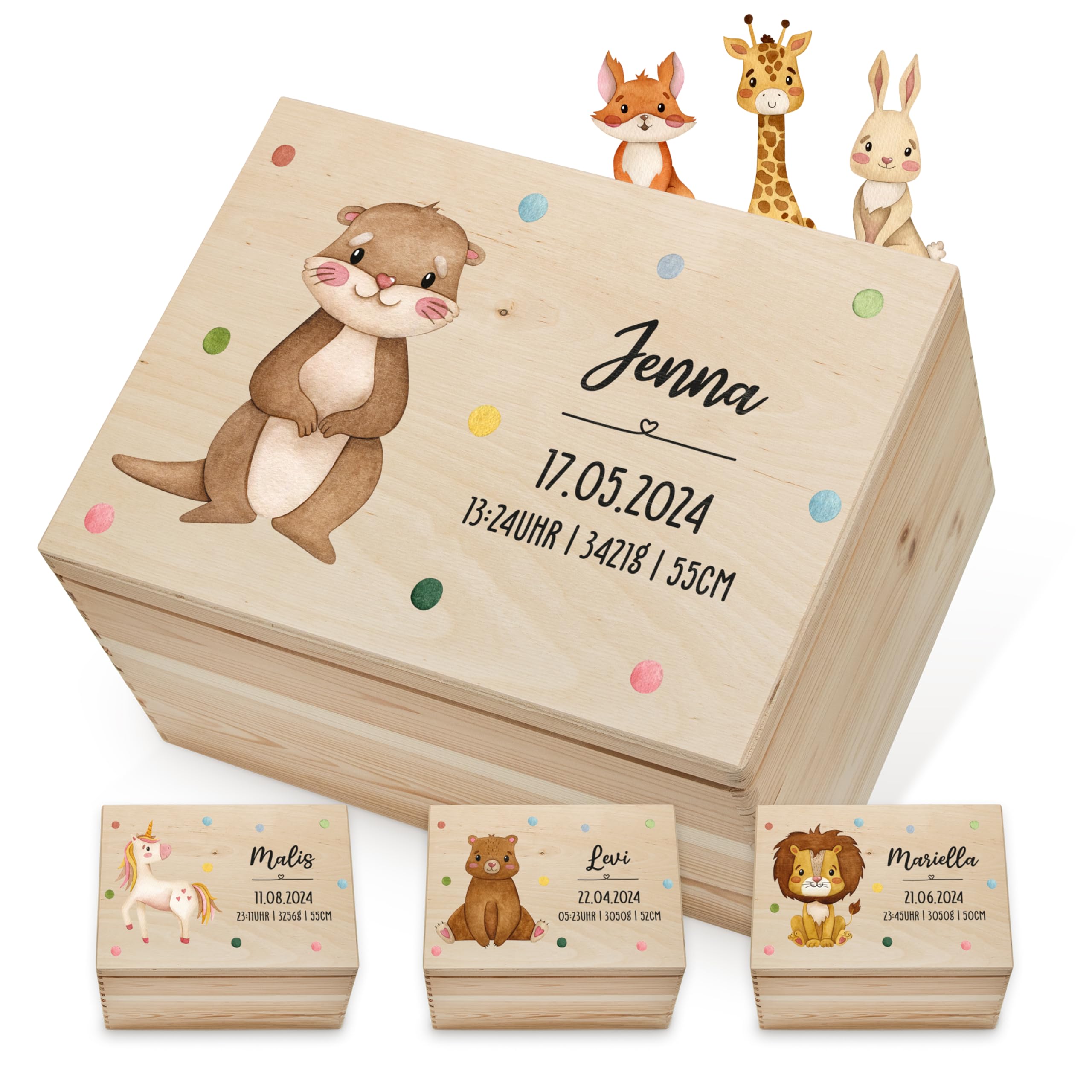 Lilletå ® Erinnerungsbox Tiermotiv ganz (001.01) - Erinnerungskiste Baby mit Hochwertigem Farbdruck - Baby Kind Erinnerungsbox Holz - Geschenk Geburt Mädchen Junge