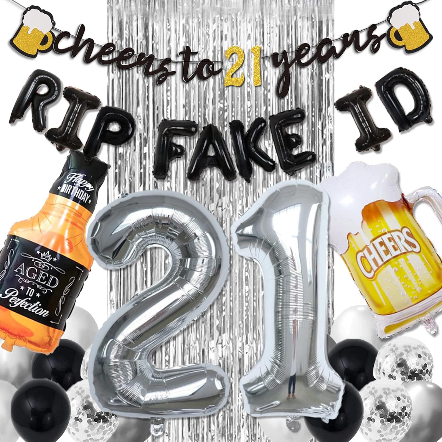 21st Birthday Decorations for Him – Black & Silver 21st Birthday Decor for Her with Cheers 21 Years Banner, Curtains, Confetti & Number Balloons