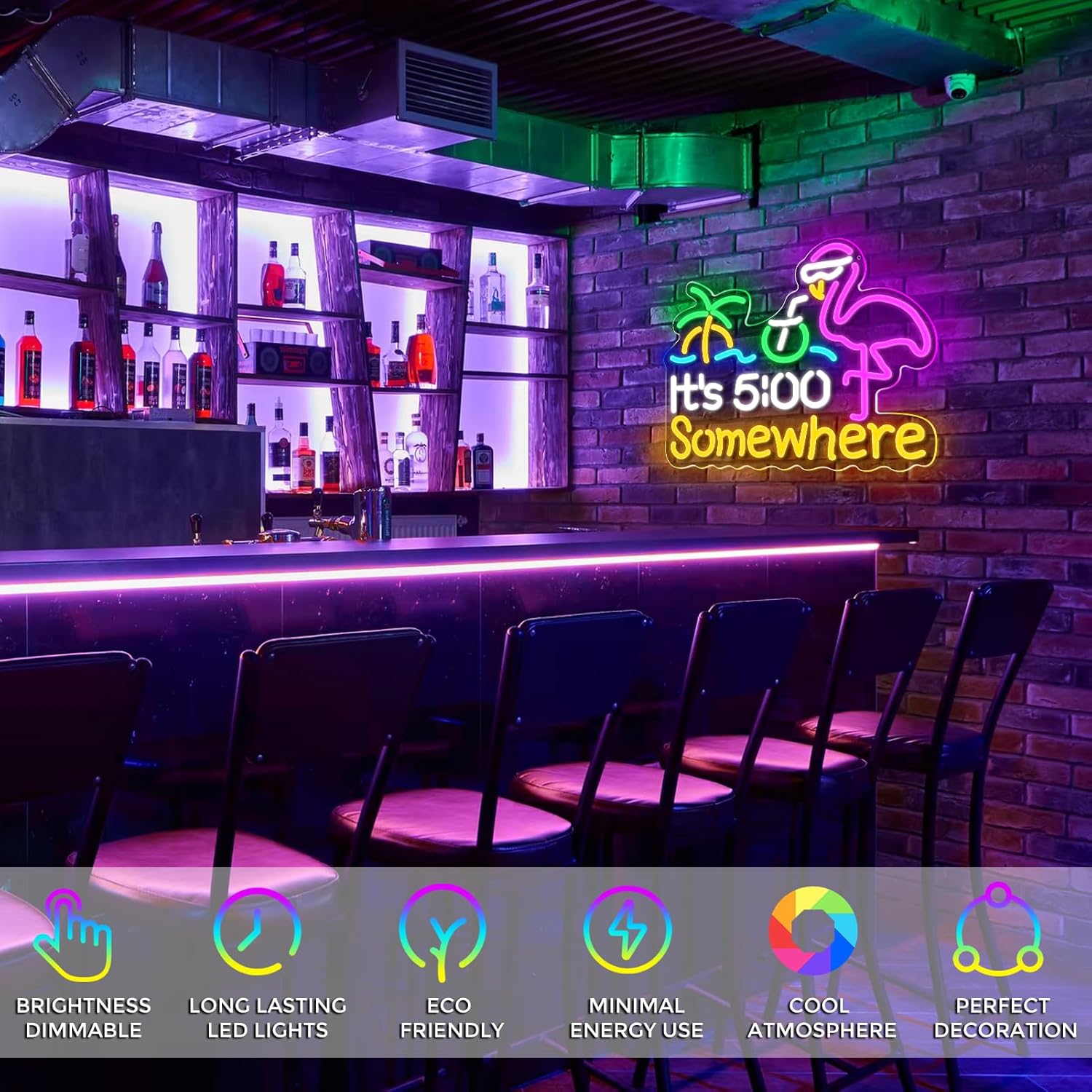 Its 5 00 O'clock Some Where Neon Signs for Wall Decor, Dimmable Neon Light Sign for Man Cave with ON/OFF Switch, USB Powered LED Light Up Beer Sign for Home Bar, 12.6 * 16.2''