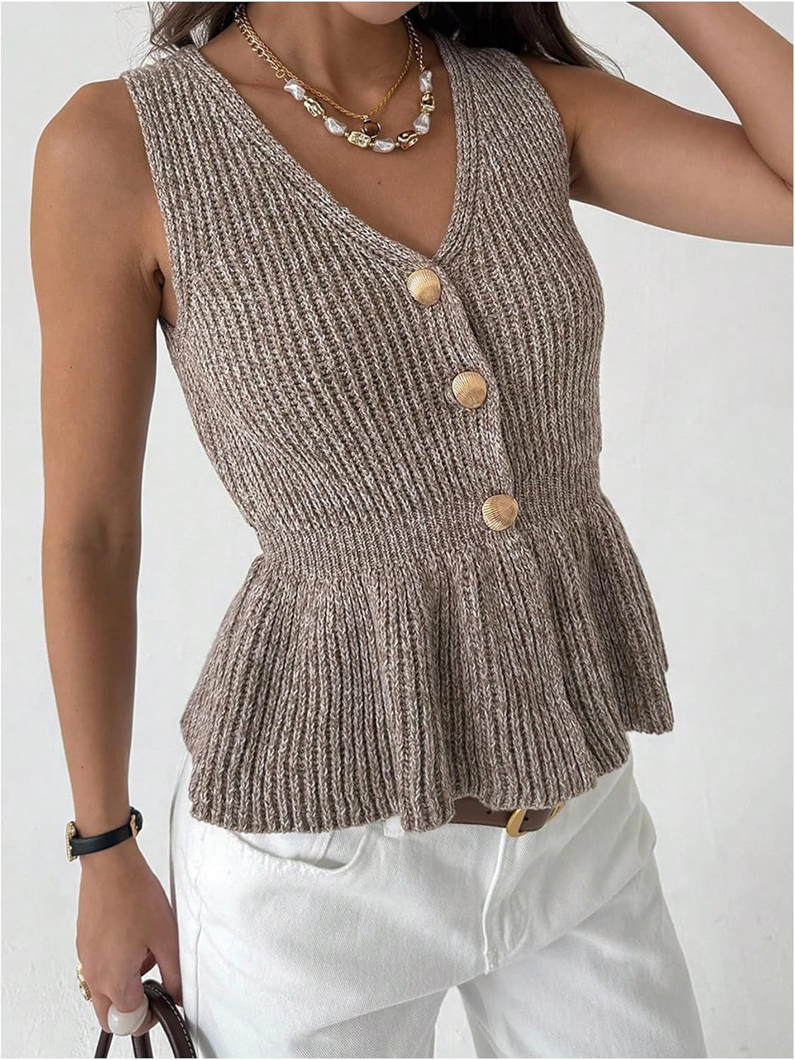 SweatyRocks Women's Button Down V Neck Sleeveless Ruffle Hem Sweater Vest Dressy Casual Knitted Peplum Tops - Image 2