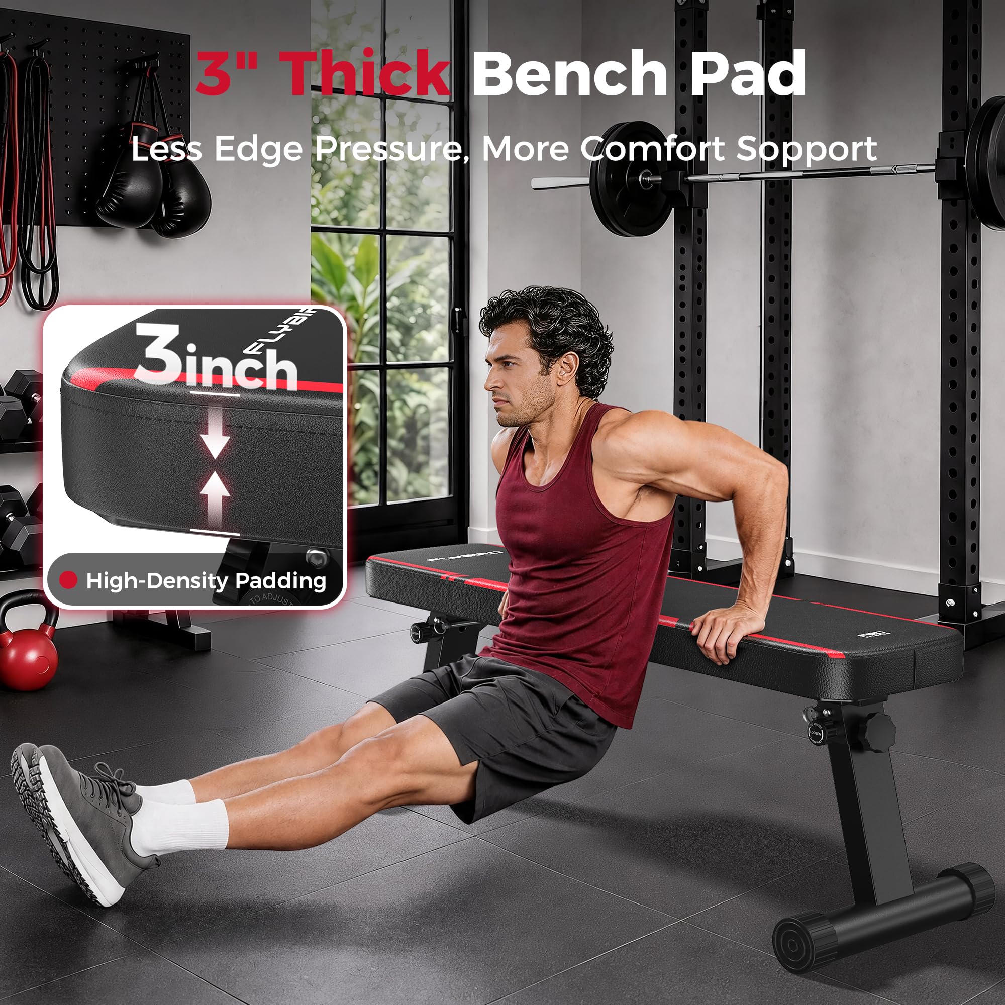 Foldable Flat Weight Bench for Home Gym, 1000 lbs Capacity with Dual Locking for Strength Training, Easy Setup & Storage for Small Apartments, Lifting, Hip Thrust, Dumbbell Workout