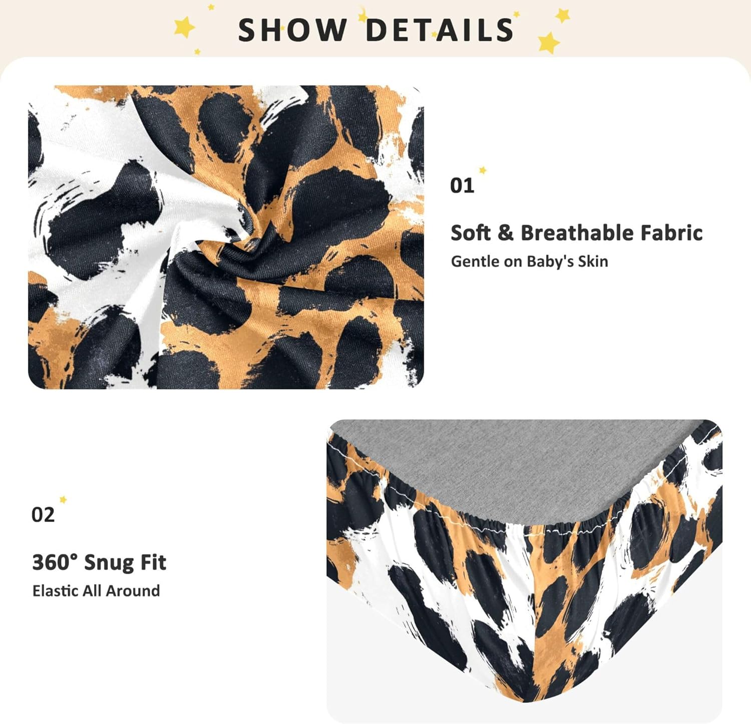 Black Leopard Prints Brown Crib Sheets Soft Breathable Fitted Cotton Baby Crib Sheets Mattress Cover for Girl Boy, 52" x 28" x 9"