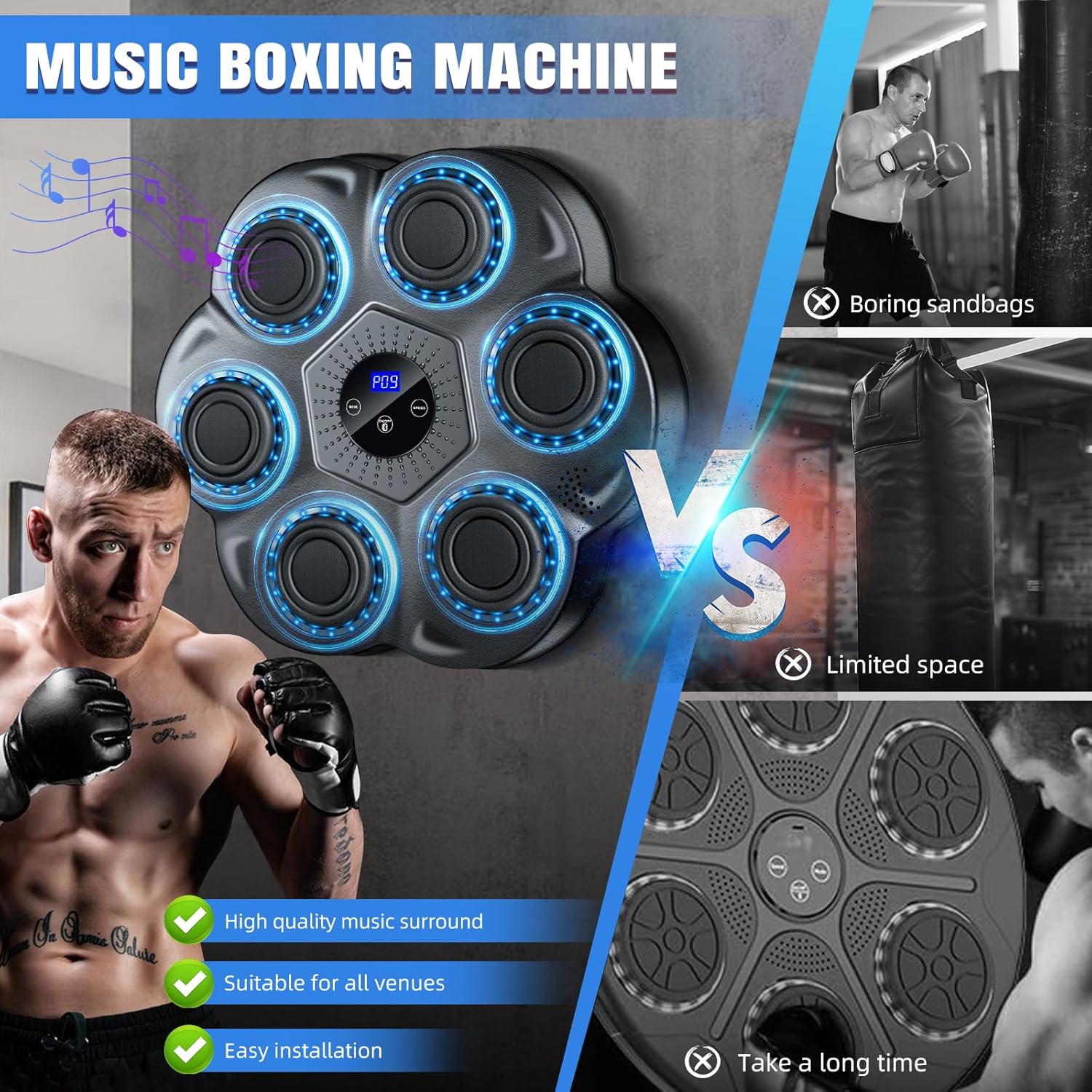 Music Boxing Machine, Boxing Wall Mount Machine for Kids Adult, Smart Bluetooth Punching Bag with Boxing Gloves, Boxing Workout Equipment Target for Home, Office, Gym