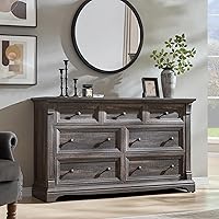 Vista 13 de Cómoda estilo granja de 6 cajones para dormitorio, cómodas y cajoneras grandes de 54" de ancho con columna romana, soporte de TV de madera