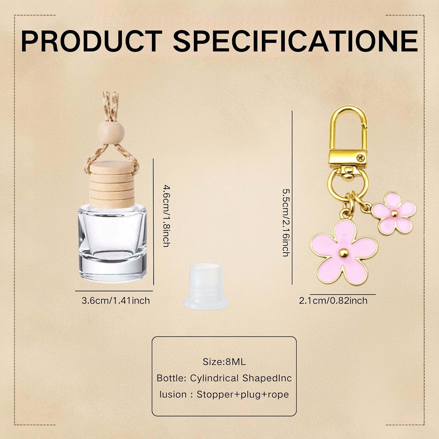 6 Pcs 8ml Hanging Car Diffuser Bottle,With Cherry Pendant, Refillable Clear Glass Aroma Diffuser With Wooden Cap & String, Long-Lasting Scent, Odor Eliminator For Car, Home & Office (Pink Daisy) image 2