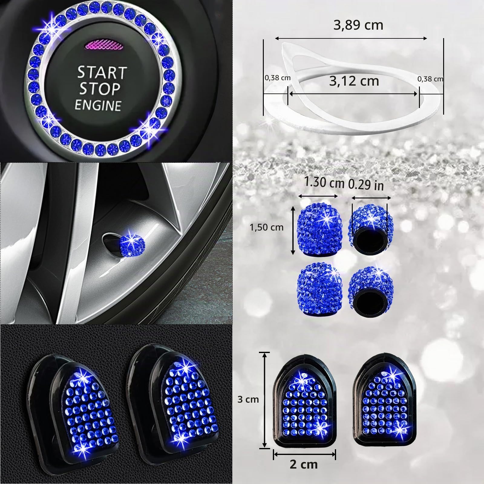 NBTEPEM Set di 27 accessori per auto blu da donna, coprivolante luccicante, universale, misura 38 cm, cornice per targa con strass, supporto per telefono, sottobicchieri per auto (diamante blu)