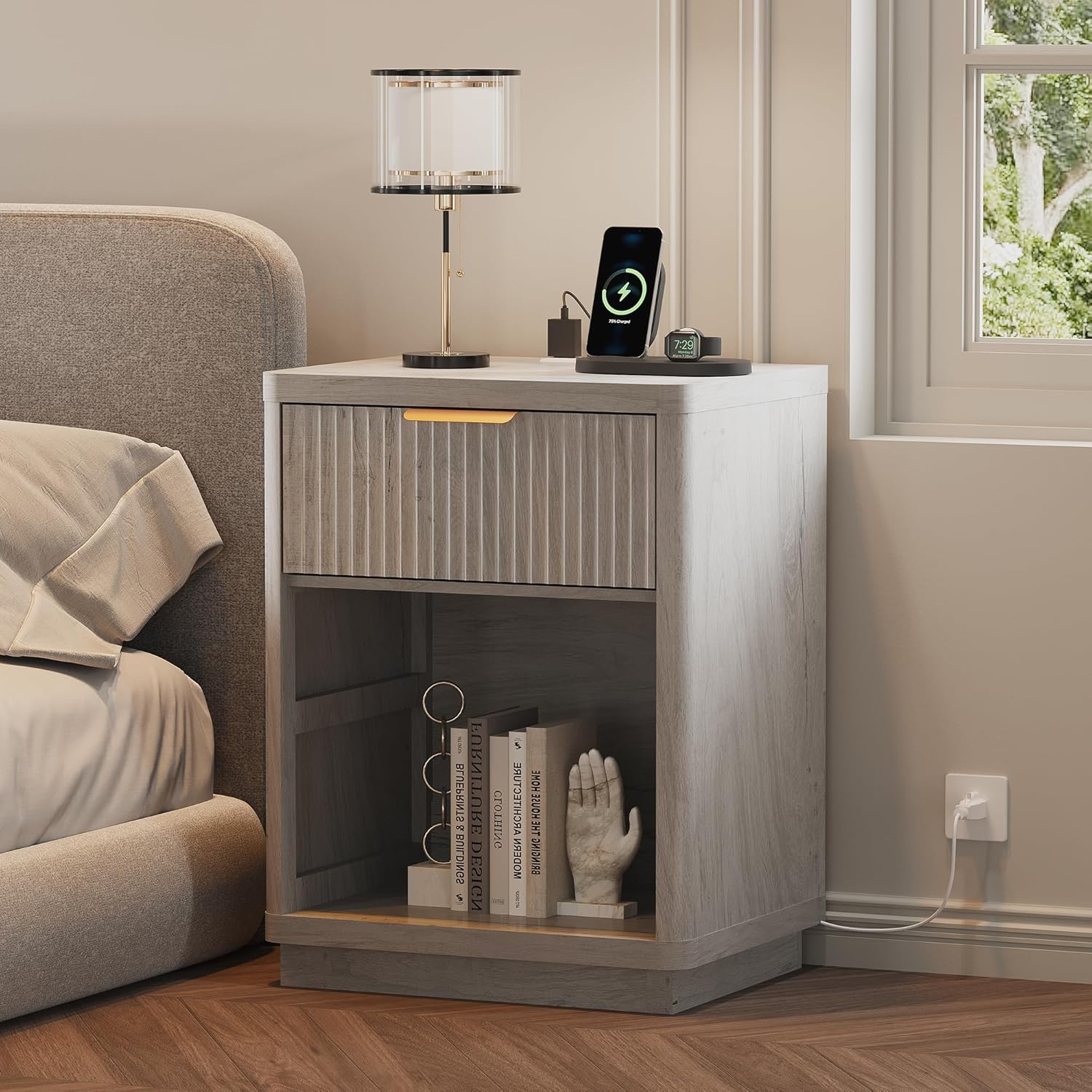 Fluted Farmhouse Night Stand, Fluted Nightstand with Charging Station, FlutedNightstand Bedroom with Drawers, Modern Mid Century Bedside Table w/Metal Handle