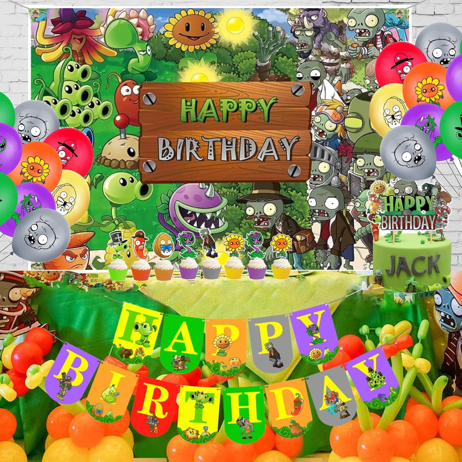 Plants Game Theme Birthday Party Supplies Decoration Kit with Happy Birthday Zombies Banners, Cake-Cupcake Topper, Balloons for Kids Boys Game Players PVZ Party Decor