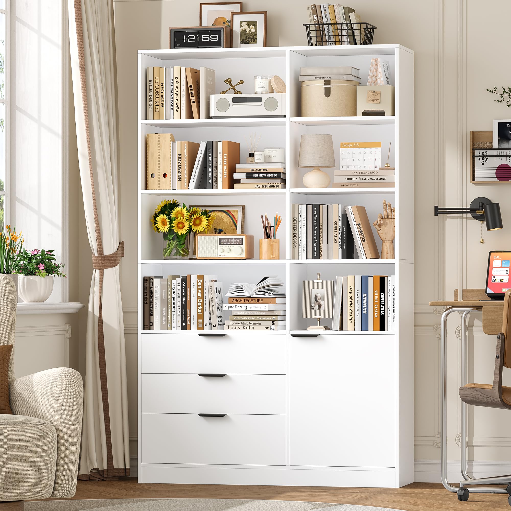 HOCSOK Libreria, Scaffale Libreria Verticale con Porta e 3 Cassetti, Legno | Scaffale Alta con Ripiani Regolabili, per Soggiorno Studio Ufficio, Bianco, 180,5×103×28,5 cm