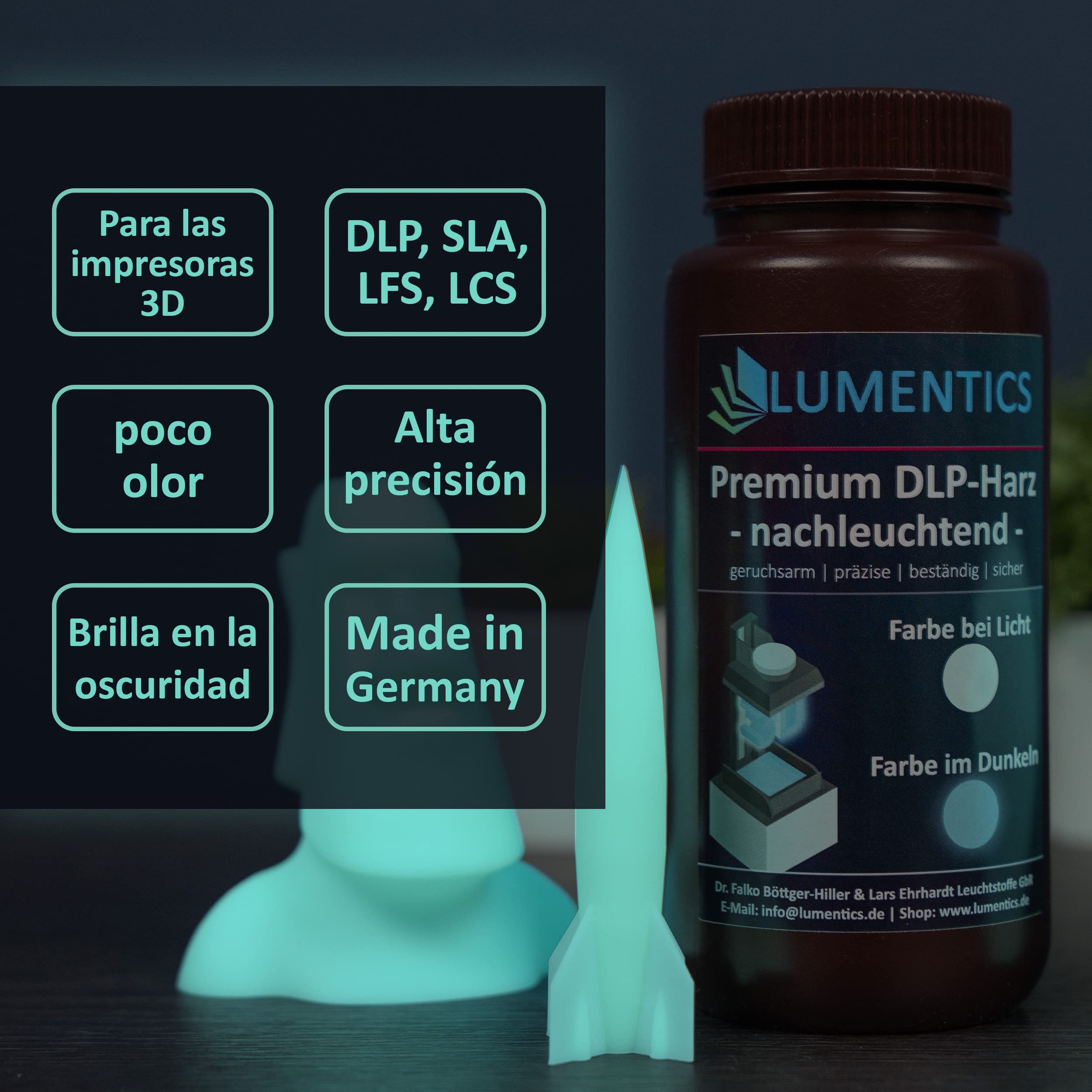 LUMENTICS Resina para impresora 3D Resina luminosa, verde y azul, 500 g, UV 405 nm, brilla en la oscuridad, resina fosforescente fotopolímero para LCD DLP SLA -Fabricado en Alemania