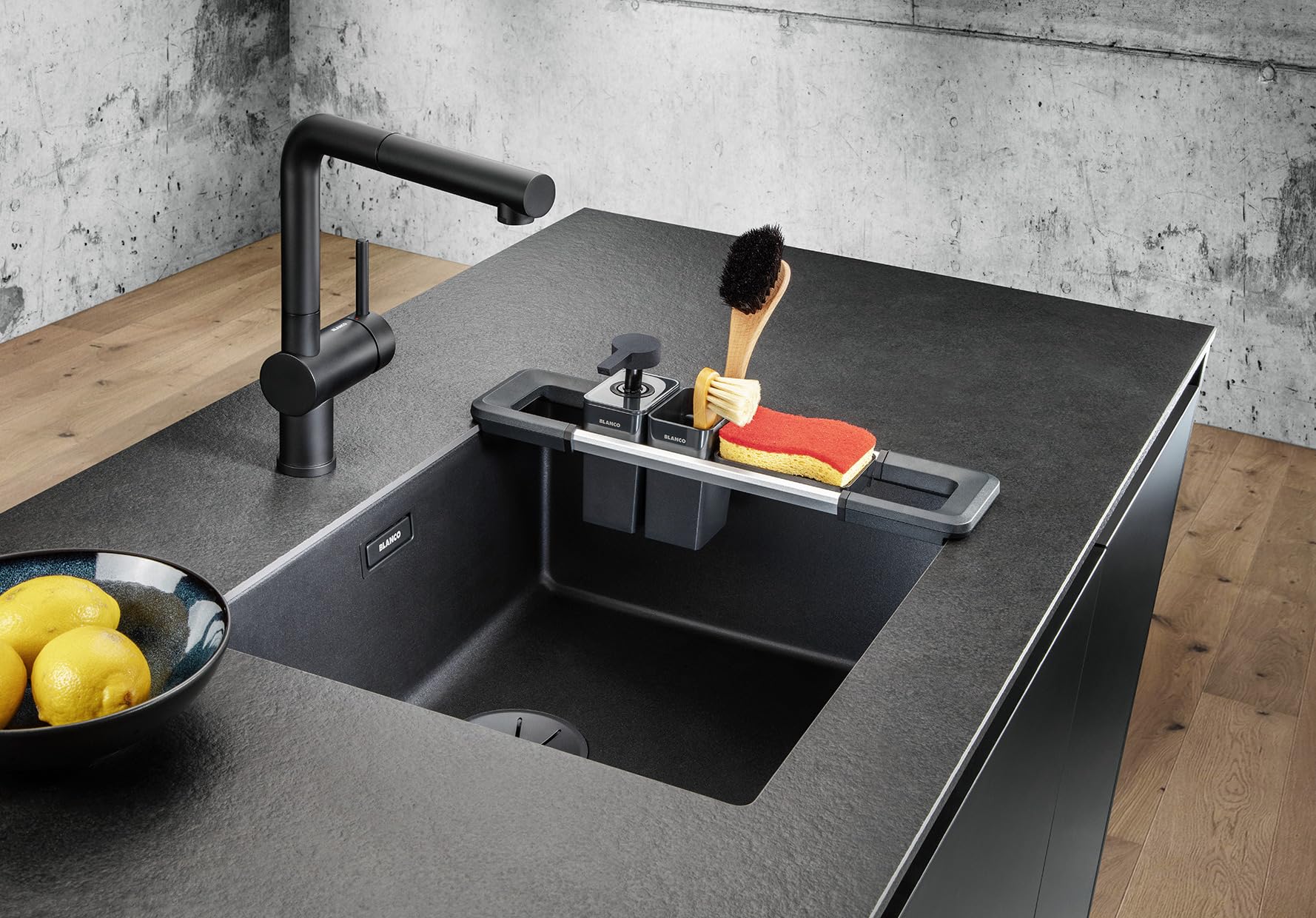 BLANCO Worktop Organizer Spülmittelspender | Seifenspender für Küchenspülen | 200 ml Füllmenge | Spülmittel, Seife, Reinigungsmittel | Reinigungscontainer für Utensilien & Abtropfschale