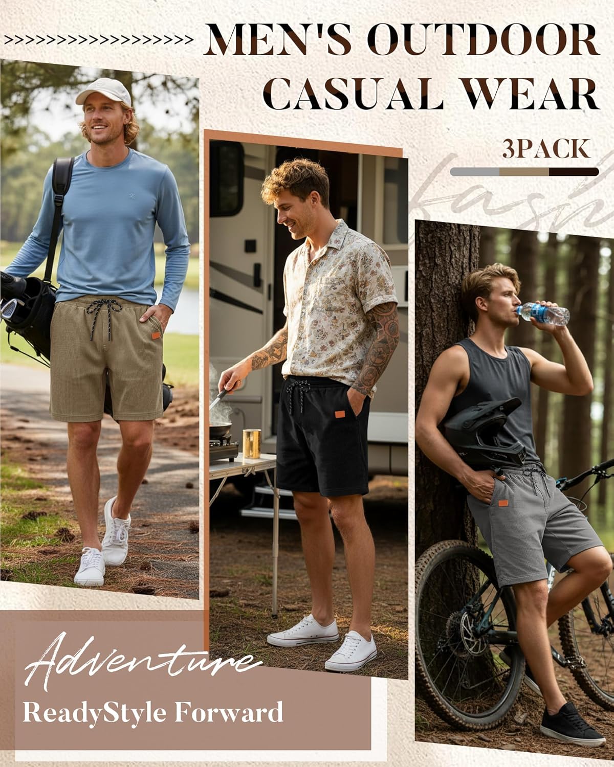 Neer 3 Pack Men's Corduroy Shorts Casual Elastic Waist Drawstring Lightweight Summer Beach Loose Fit Shorts with 3 Pockets - Image 3