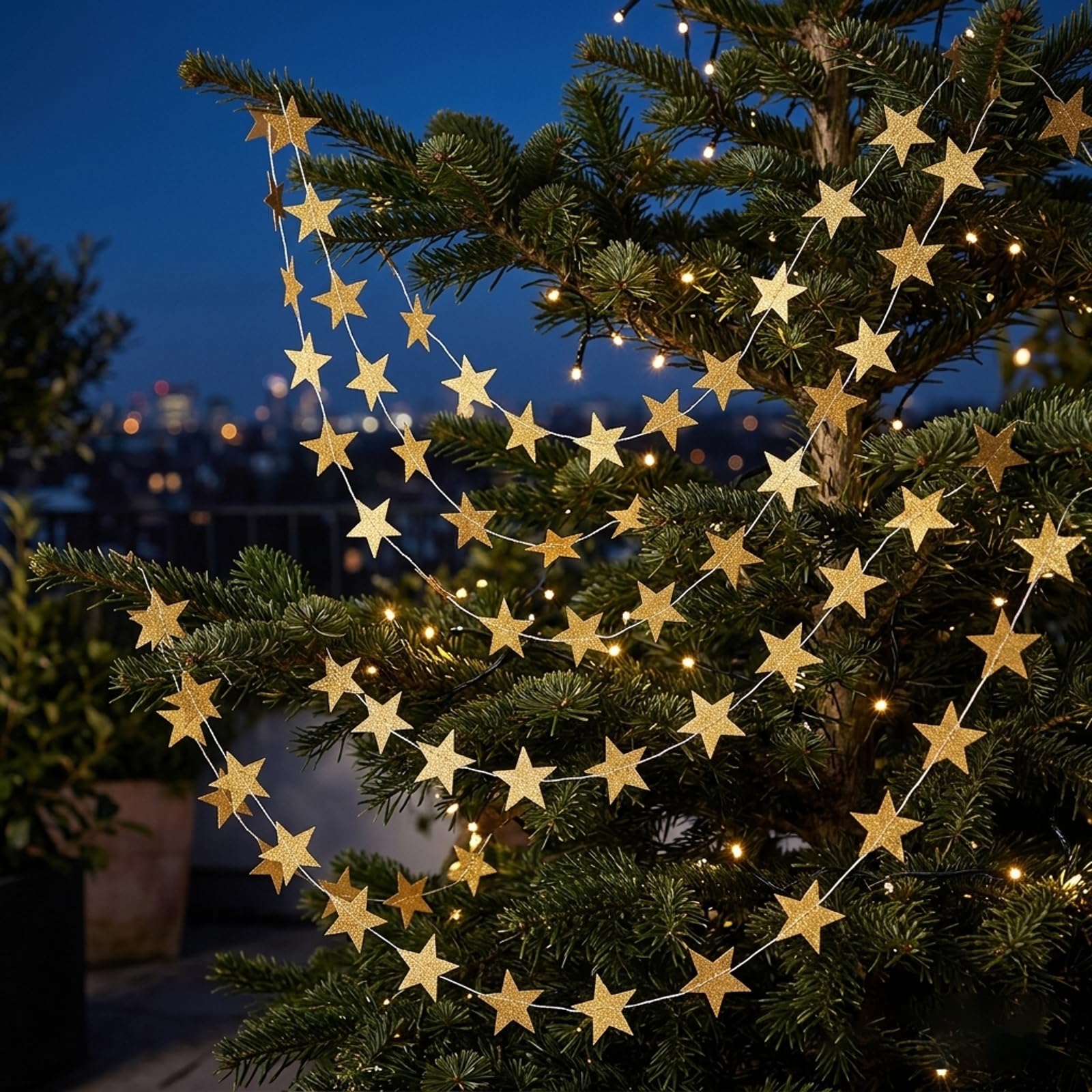 5Pcs 20M (65Ft) Reflective Star Paper Garland, Gold Glitter Sparkling Star Bunting Banner Hanging Decoration for Twinkle Little Party, Birthday, Wedding, Engagement, Bridal Shower, Christmas