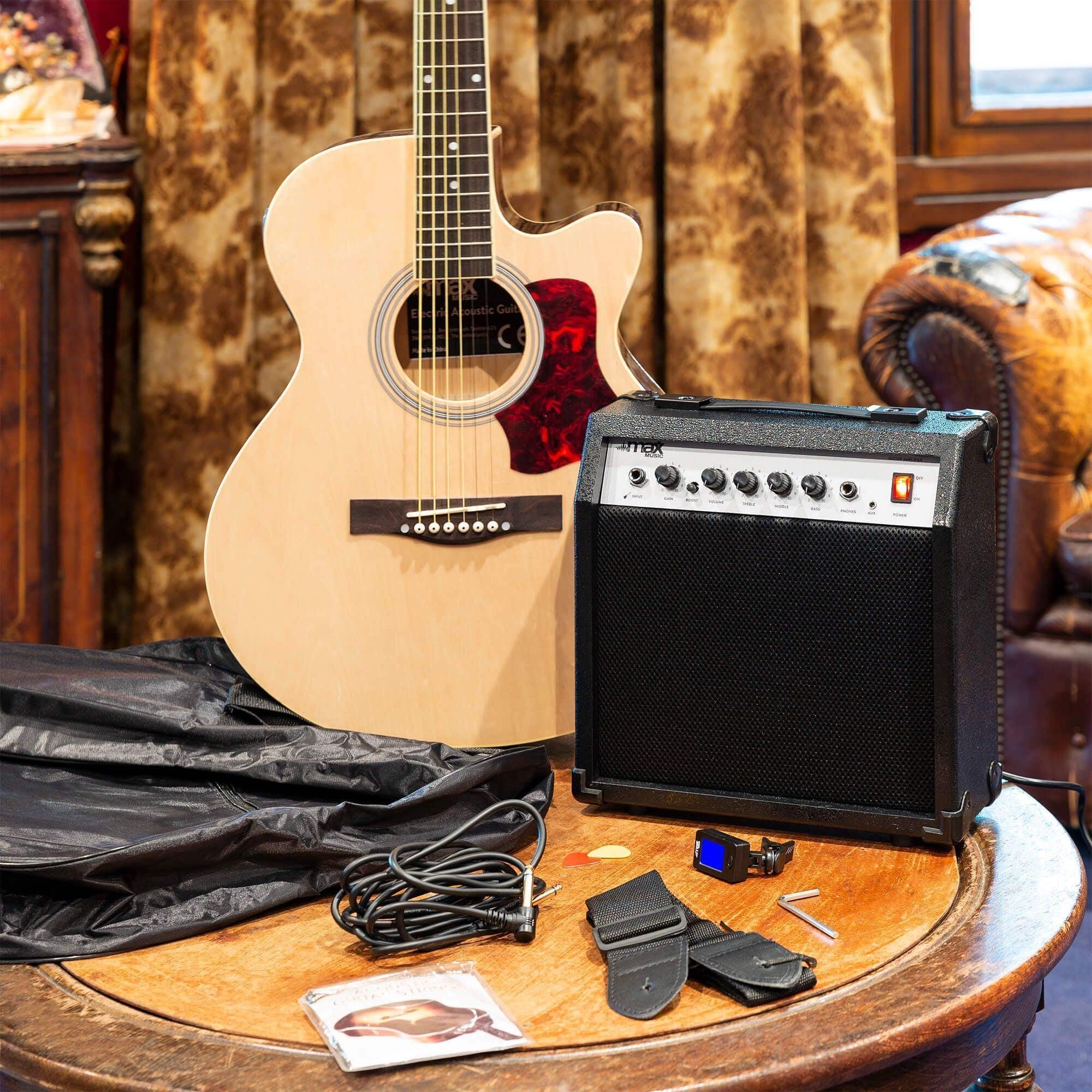 MAX ShowKit Elektrische Akustikgitarre, Akustische E-Gitarre Set - Gitarrenverstärker 40 Watt, Gitarrenständer, Gitarren-Stimmgerät, Gitarrentasche und Plektrum - Natur