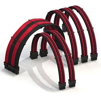 LINKUP - 50cm Super Soft and Flexible PSU Cable Extension Sleeved Custom Mod GPU PC Braided w/Comb Kit - Compatible with RTX30901x24 P 20+42x8 P 4+4 CPU3x8 P 6+2 GPU Set500mm - BlackRed