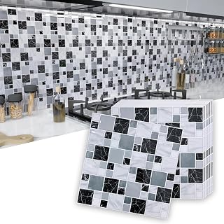 10-Piece Peel and Stick Backsplash Tile in Marble, 10” x 10” Self Adhesive Polish Vinyl Wall Tile Waterproof Removable Stick on Backsplash for Kitchen Bathroom Fireplace, Black White Grey Marble