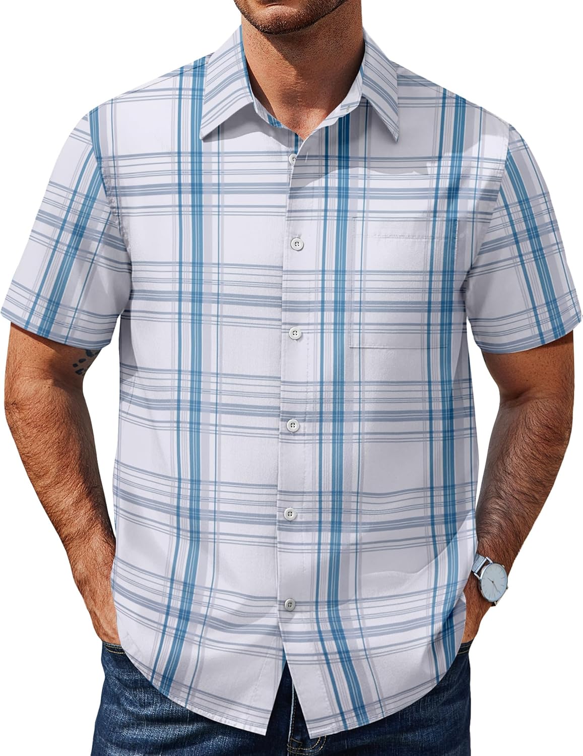 COOFANDY Mens Plaid Short Sleeve Button Down Shirts Regular Fit Casual Dress Shirts with Pocket