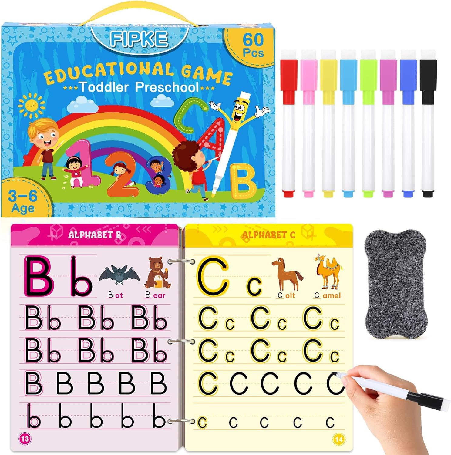 Preschool Handwriting Practice Book, Toddlers Preschool Learning Activities with 60 Pages Reusable Magic Practice Copybook for Kids, Educational Montessori Toys for 3 4 5 6 Year Old