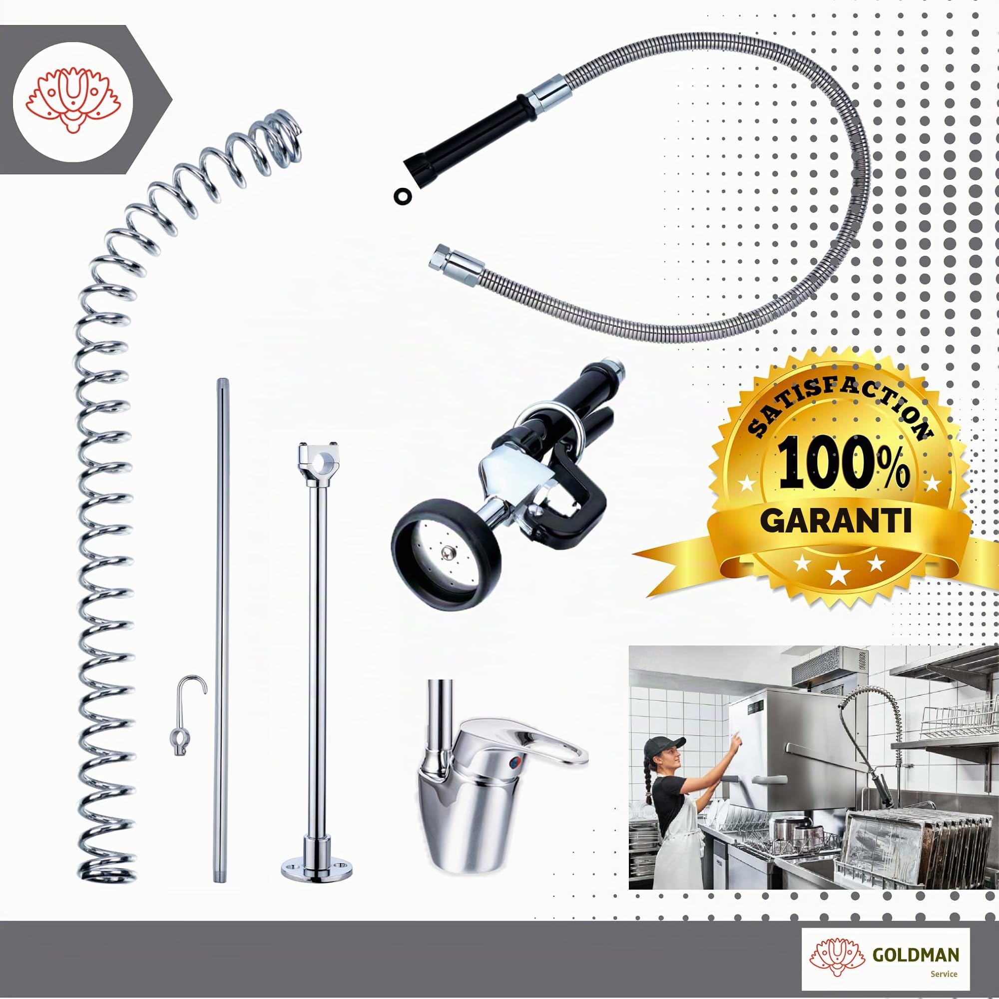 GOLDMAN SERVICE Robinet d'évier extensible à levier unique industriel pour évier de cuisine, tuyau flexible et tête avec pulvérisateur puissant
