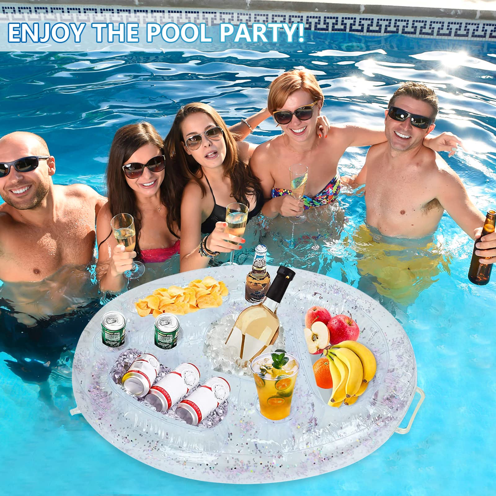 Posavasos hinchable 2 en 1 para bebidas y aperitivos con 8 agujeros, posavasos flotante hinchable para piscina, barra flotante para piscina para fiesta en la piscina, playa, fiesta