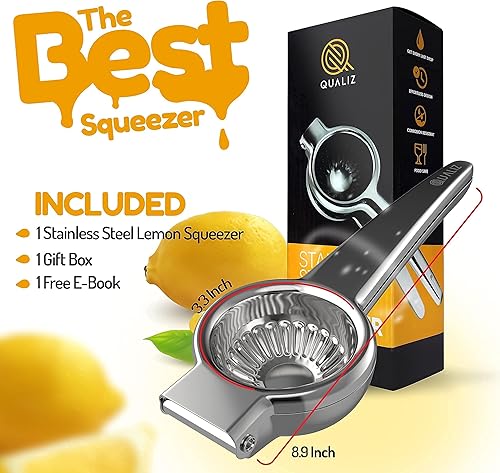 Miniatura 7 de Qualiz Exprimidor de limón de acero inoxidable, exprimidor de mano de limón y lima de alta calidad con cuenco grande y resistente de metal,