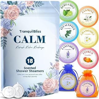 TranquilBliss 18-Pack Shower Steamers with Shea Butter - 6 Relaxing Scents, Multi-Use Air Fresheners, Ideal Gift for Women, Mom, Wife