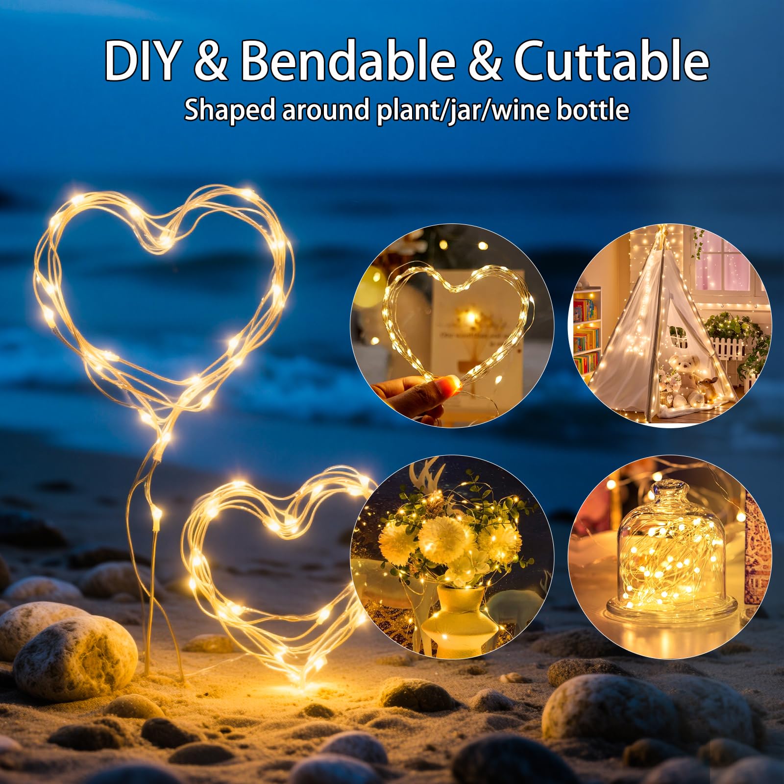 32 luces LED de 3 m, 30 luces LED, funciona con pilas, impermeable, alambre de cobre, mini luces de luciérnaga y luna estrellada para tarros, regalos de bricolaje, boda, fiesta, dormitorio, patio,
