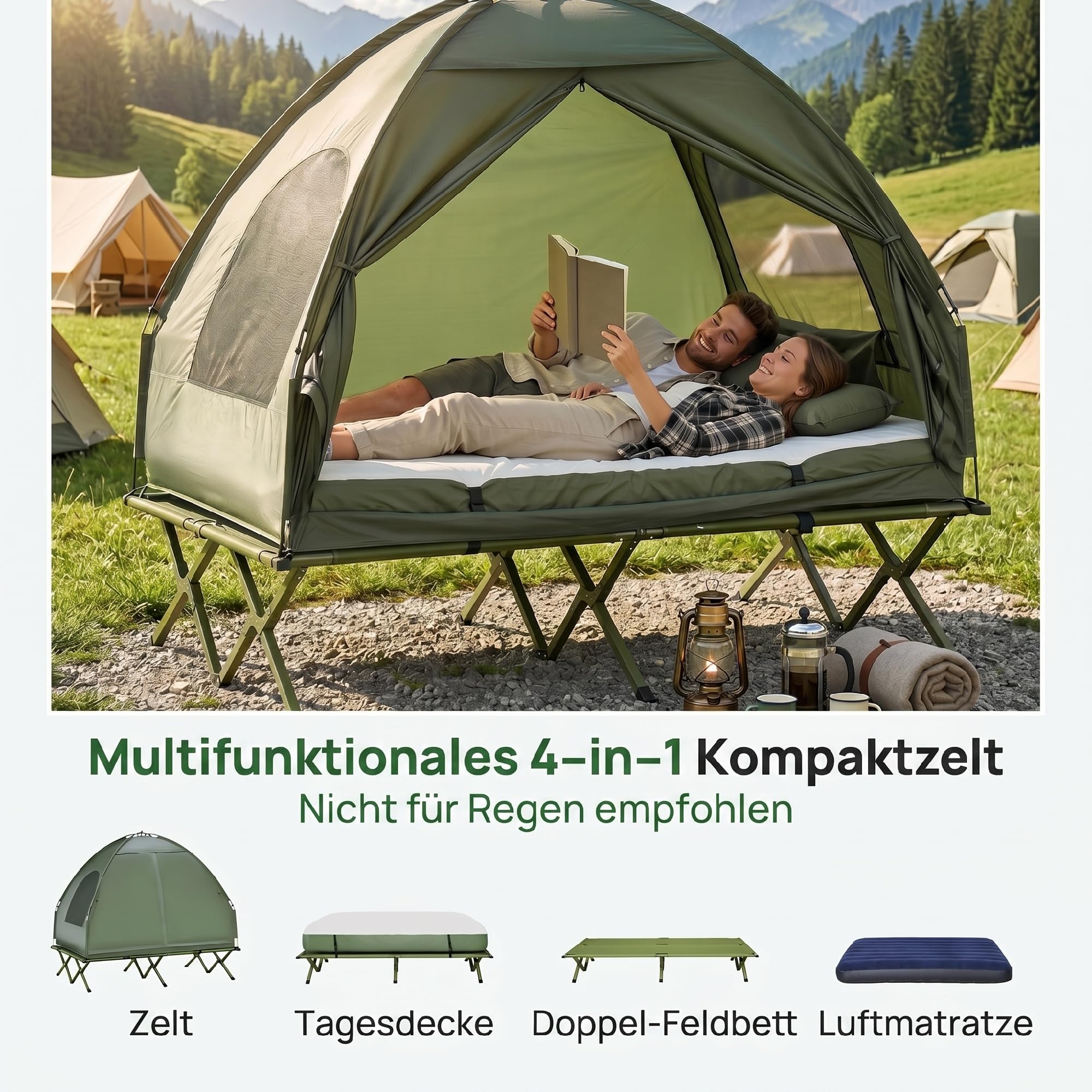 Outsunny Erhöhtes Campingbett und Zelt, Feldbett, Kuppelzelt mit Luftmatratze, inkl. Pumpe, TAFT, Grün, 193 x 136 x 178 cm