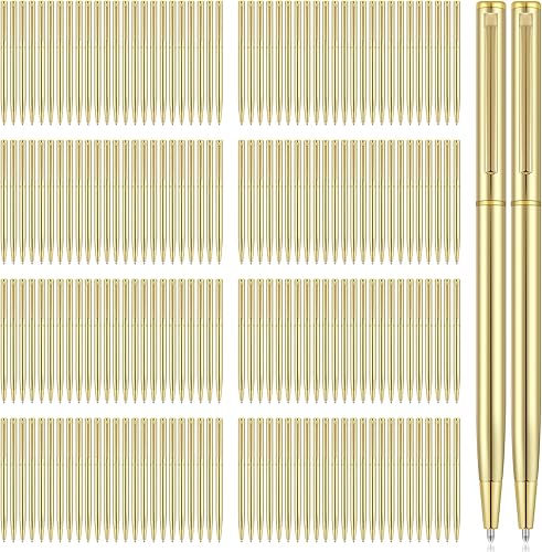 Zonon Bolígrafos dorados delgados de tinta negra, punta media de 0.039 pulgadas, bolígrafos retráctiles metálicos de metal dorado para bodas,