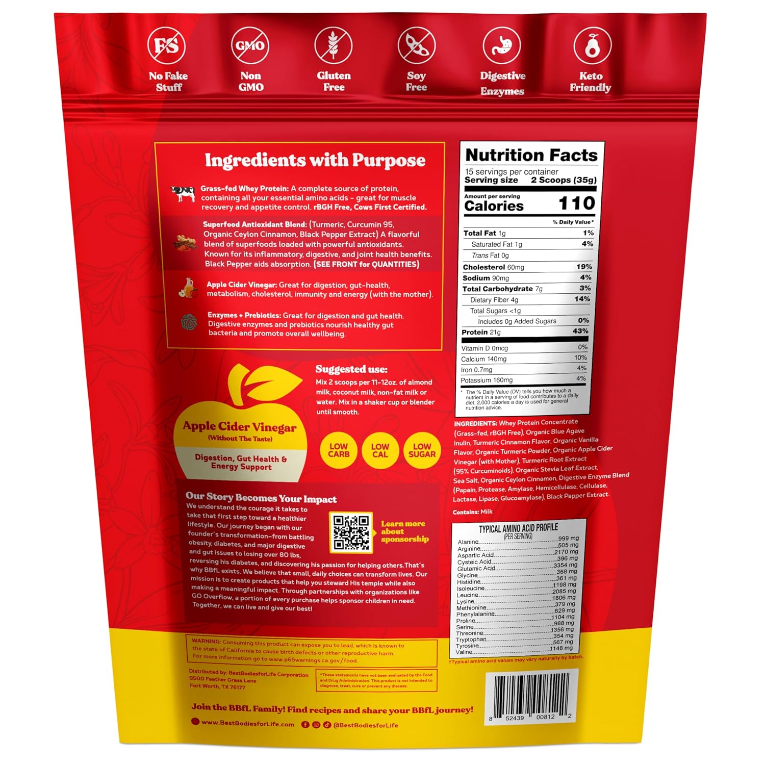 BBfL Grass-Fed Whey Protein Shake – 21g rBGH-Free Protein, Turmeric + Curcumin 95% + Ceylon Cinnamon, Apple Cider Vinegar, Prebiotics, Digestive Enzymes, Supports Inflammatory Response – All-in-One Shake (15 Servings, Turmeric Cream)