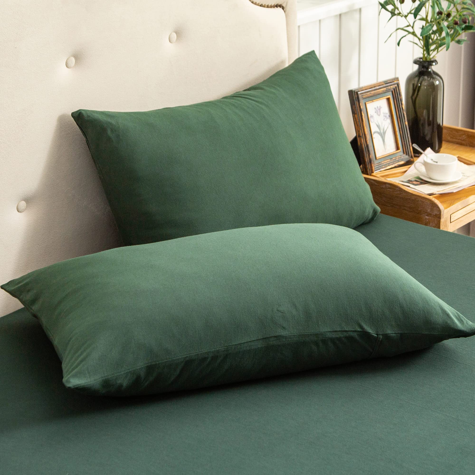 PURE ERA Jersey Knit Pillowcases 100% T-Shirt Cotton Super Soft Comfy Breathable, Set of 2, Queen 20" x 30", Solid Forest Green