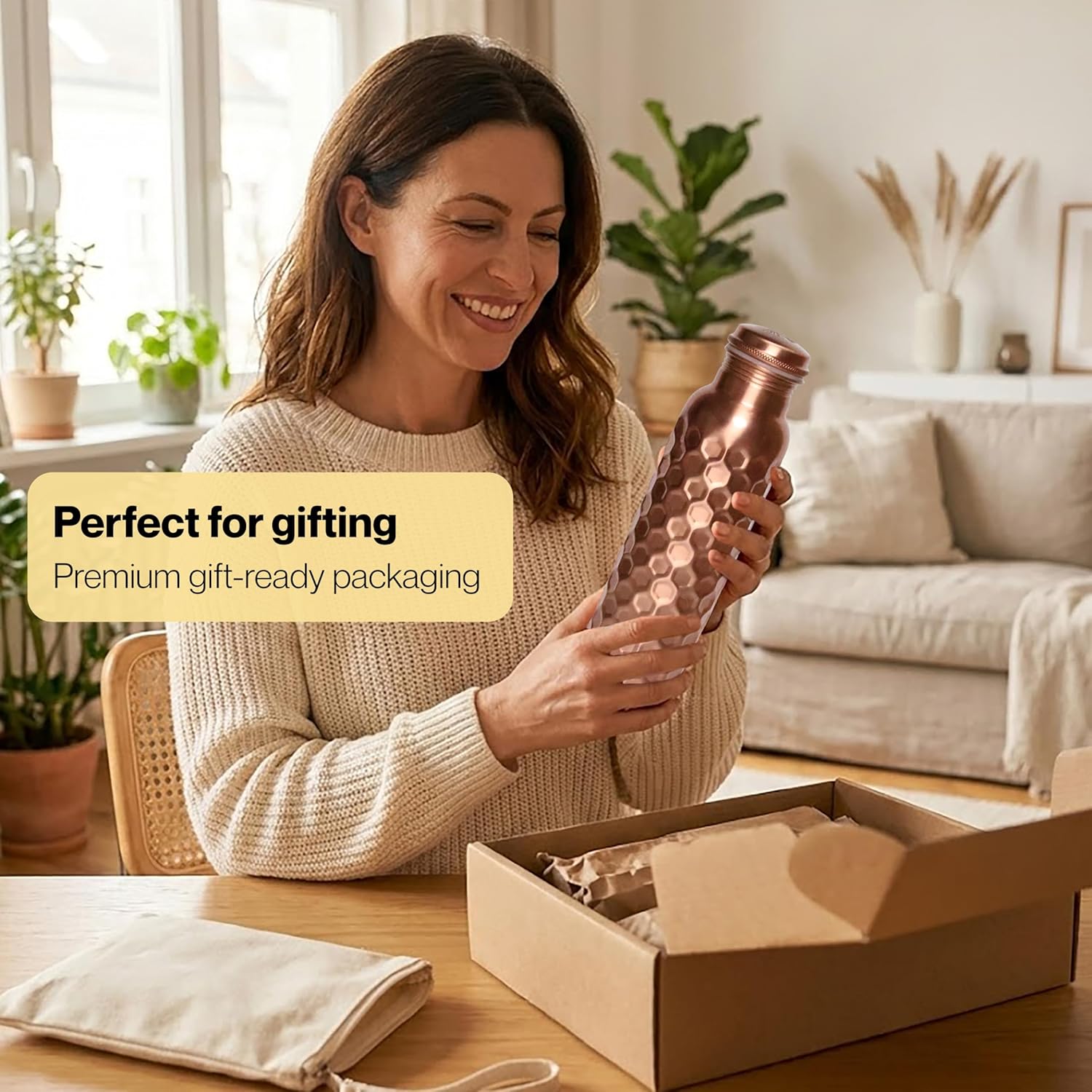 Alpha Living Home 100% Ayurvedic Copper Water Bottle 32 oz with Brush - Hand Honeycomb Design Pure Copper Bottle for Drinking Water, Leak-Proof Cap, Healthy & Eco-Friendly Metal Flask for Daily Use - Image 7