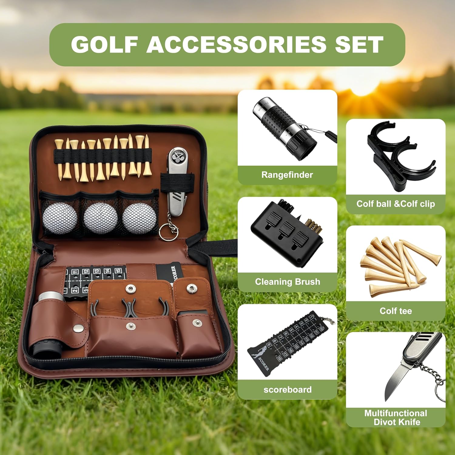 Seticek Golf Gifts for Men and Women,Golf Accessories Set with Gift Boxes, Golf Ball,Golf Tees,Brush,Multifunctional Divot Knife,Golf Ball Clamp,Rangefinder,Scorer