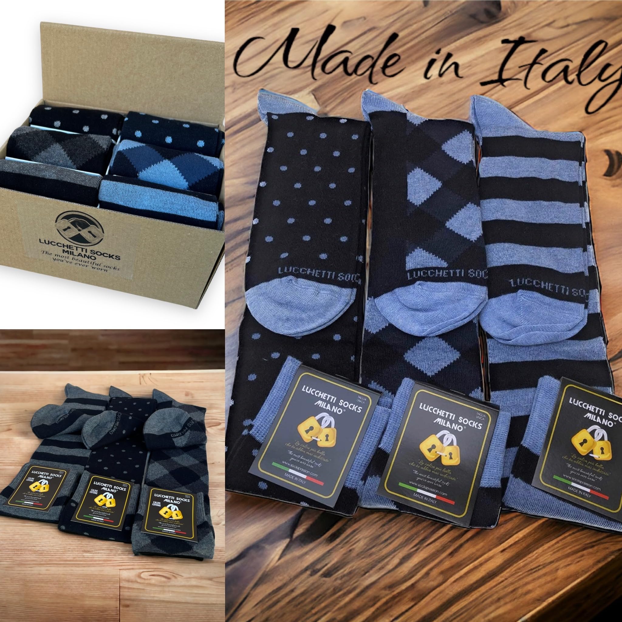 Lucchetti Socks Milano Pudełko Pomysł na prezent 6 par fantazyjne skarpety męskie długie wykonane we Włoszech kolorowe zimowe kropki paski wygodne, Zestaw I Love You, rozmiar uniwersalny
