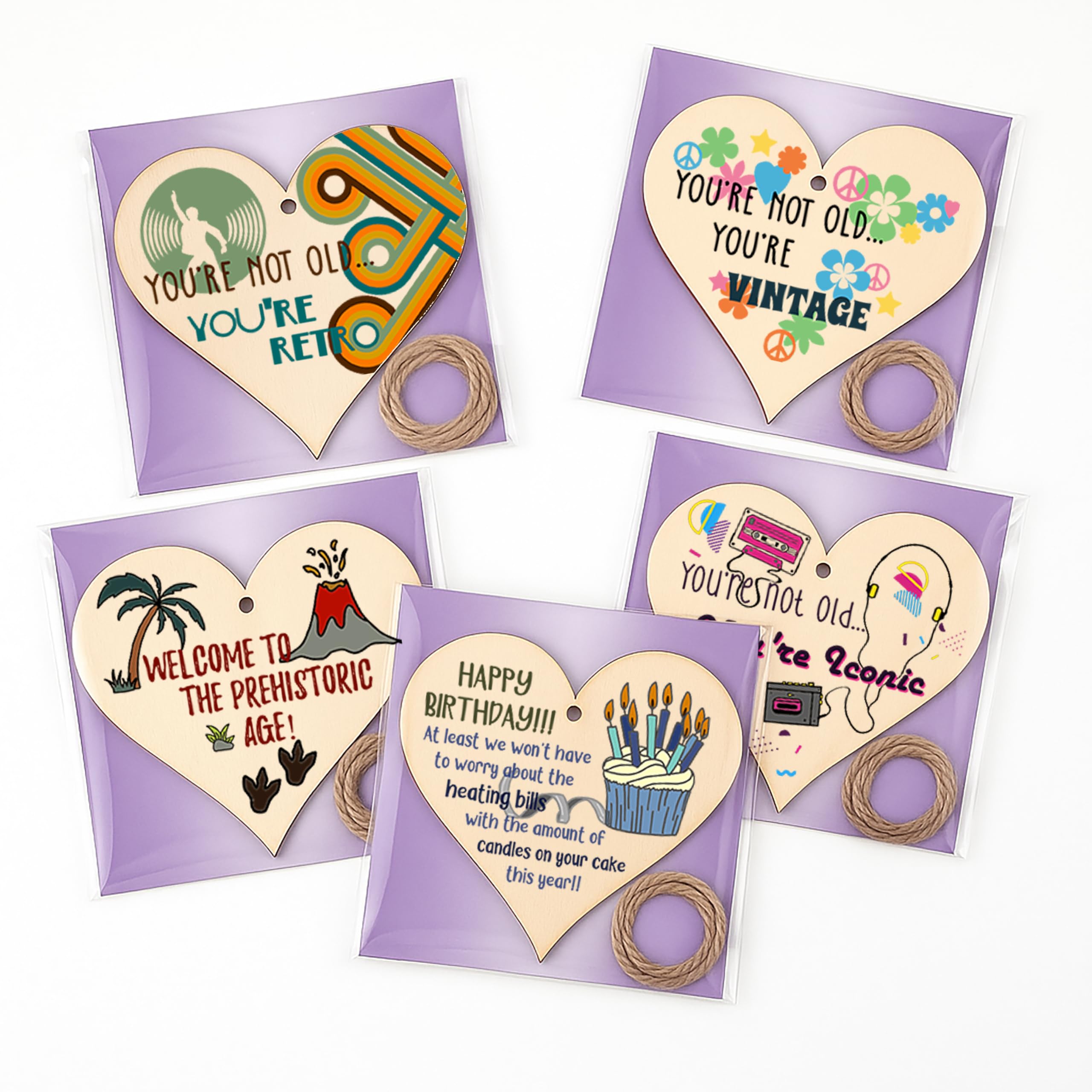 The Plum Penguin Pack Of 5 Mixed Designs Pack Of 5 Wooden Birthday Heart Plaques – Set Of Sentimental & Funny Hanging Gifts – Rustic Greetings Card Alternatives With Twine
