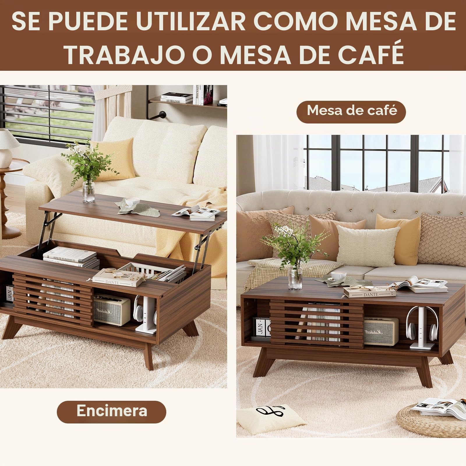 MSFE Mesa Centro Elevable, Mesa Elevable con Espacio de Almacenamiento y Extensión, Mesas de Café para Salón, Retro Medieval Mesas, Marrón Vintag
