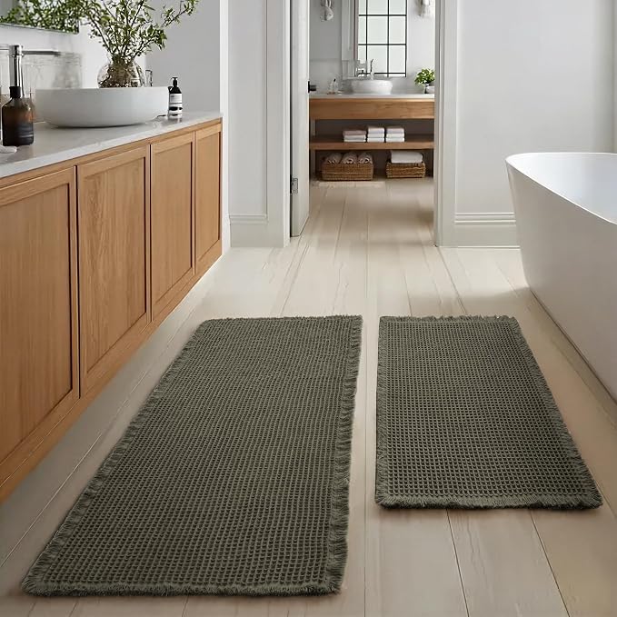 JIUZHEN Set of 2 Waffle Bath Mats Non Slip Waffle Bathroom Runner Rug Washable Boho Runner Bath Rugs Super Absorbent Shower Mat for Bathroom Kitchen Hallway Laundry, 20" x 32" +24" x 60", Olive Green
